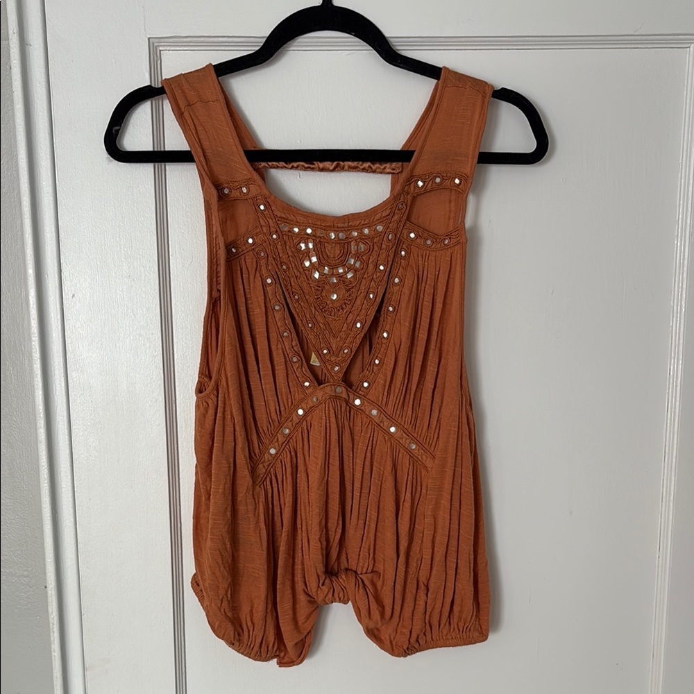 Free People Orange Embellished Pleated Tank Top
